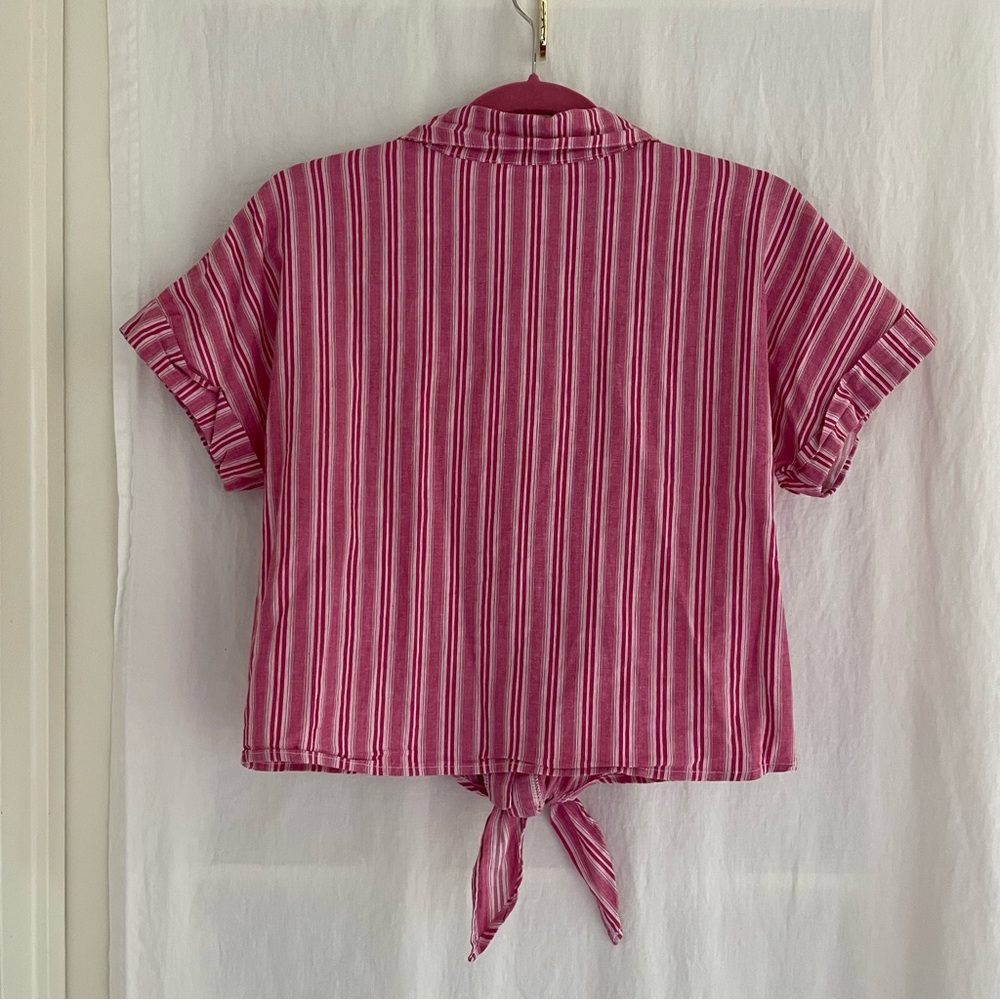 Striped Pink Tie-Front Women's Top - Picture 2 of 8